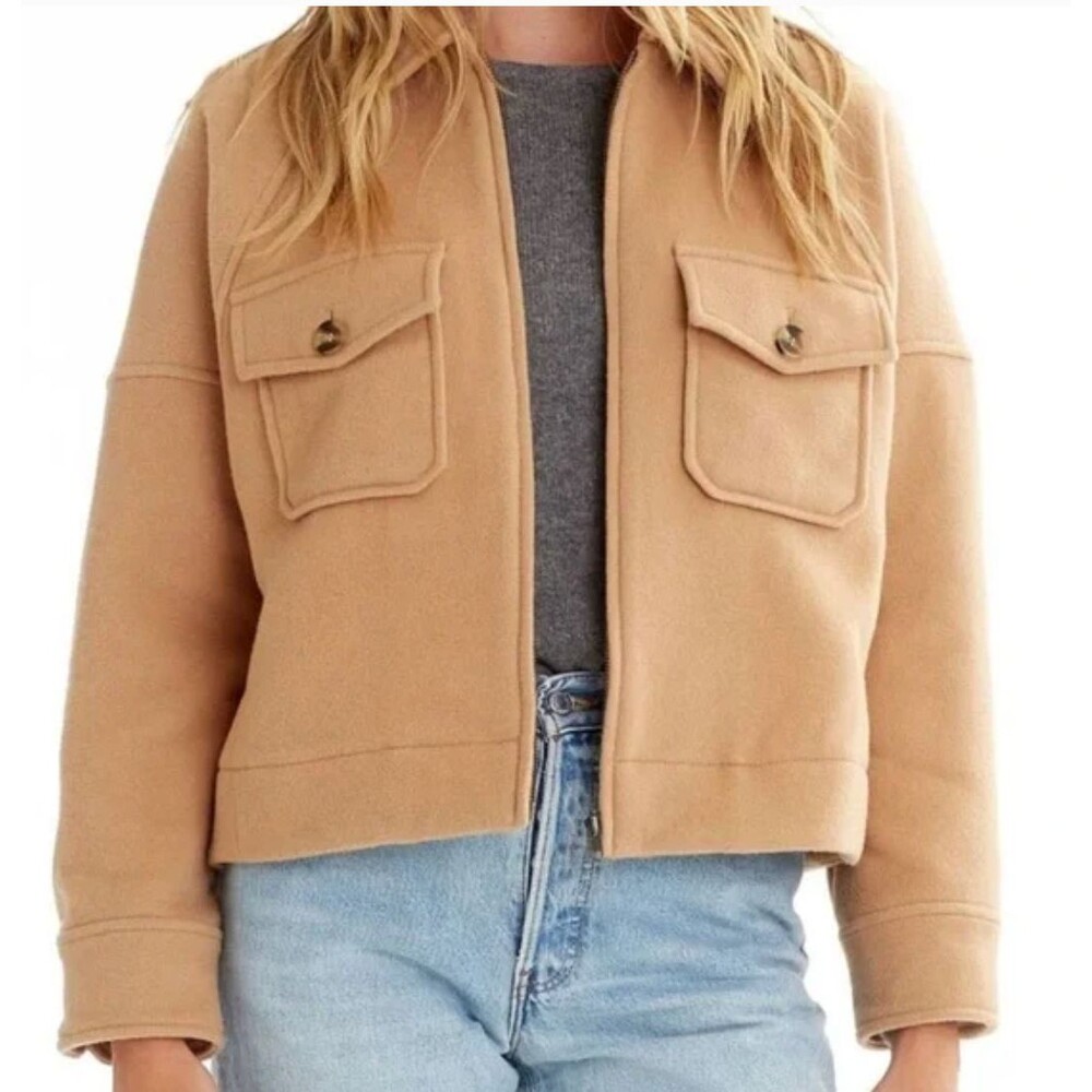 NAKED CASHMERE Wool Jacket Women Small Tan Cropped Full Zip Pocket Neutral $495 - Picture 3 of 16